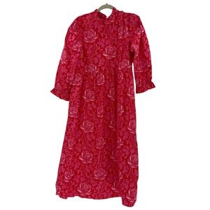 Pink City Prints‎ Mumbai Dress African Candy Red Pink Floral Cotton Midi Large
